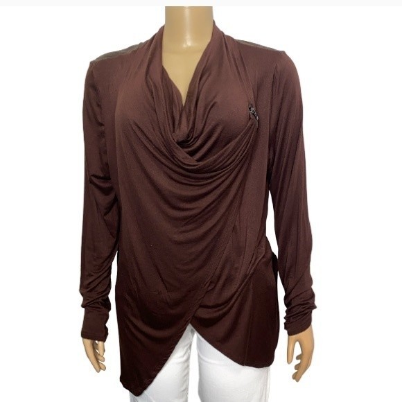 Patrizia Luca Blouse Asymmetrical Draped Cowl Neck Brown Zip detail size XL - Picture 1 of 17